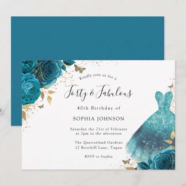 Invitation Robe turquoise et or Étincelle Rose 40e fête d'ann (Devant / Derrière)