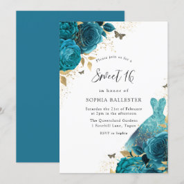 Invitation Robe turquoise et or Étincelle Rose Douce 16 Parti