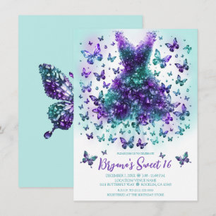 Invitation Robe turquoise et violette en cristal papillon