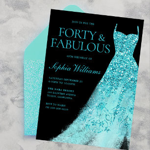 Invitation Robe turquoise étincelante Noir 40e fête d'anniver