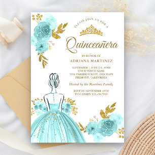 Invitation Robe turquoise Florale Princesse Gold Quinceanera