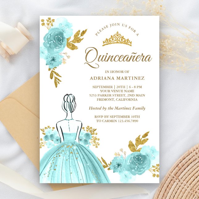 Invitation Robe turquoise Florale Princesse Gold Quinceanera (Créateur téléchargé)