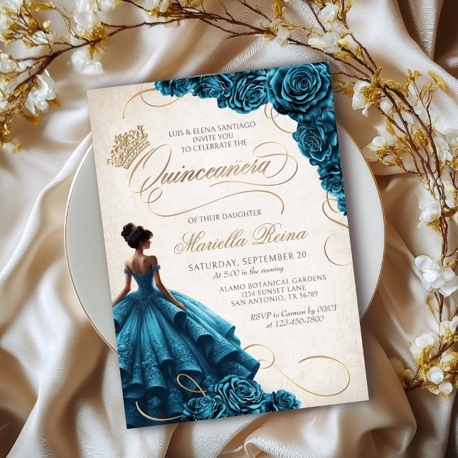 Invitation Robe turquoise Florale Quinceañera (Créateur téléchargé)