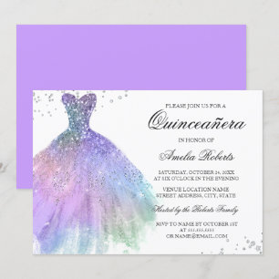 Invitation Robe Turquoise pourpre étincelante Quinceanera Inv