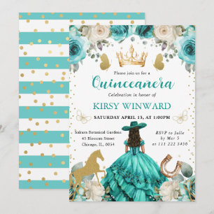 Invitation Robe turquoise, princesse brune de Quinceanera