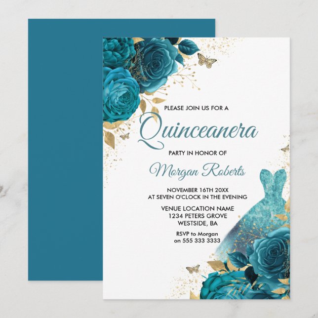 Invitation Robe Turquoise turquoise à étincelles Quinceanera  (Devant / Derrière)