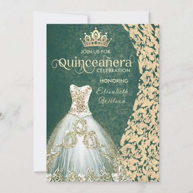 Invitation Robe vert émeraude or damask tiara Quinceañera (Devant)
