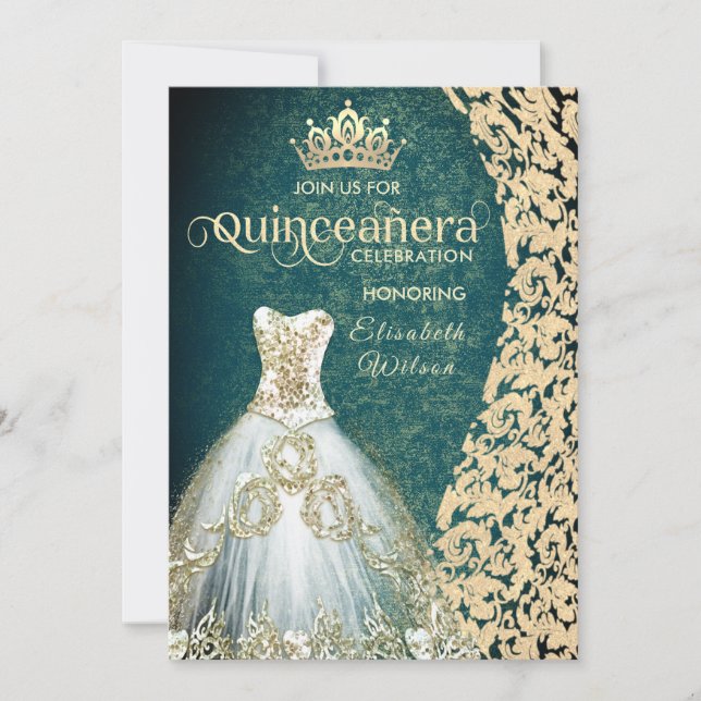 Invitation Robe vert émeraude or damask tiara Quinceañera (Devant)