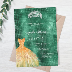 Invitation Robe vert émeraude or tiara Sweet 16