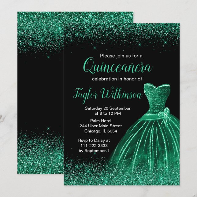 Invitation Robe Vert foncé Faux Parties scintillant Quinceane (Devant / Derrière)
