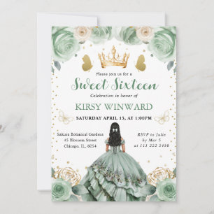 Invitation Robe Vert Sauge Cheveux Noirs Princesse Sweet 16