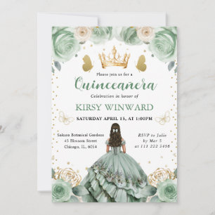 Invitation Robe Vert Sauge Princesse Brune Quinceanera