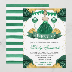 Invitation Robe verte aquarelle Princesse blonde Sweet 16