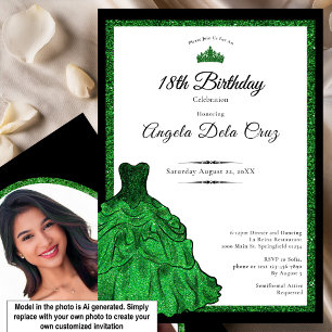 Invitation Robe verte émeraude et diadème pour les 18 ans
