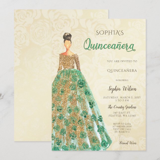 Invitation Robe Verte Émeraude Or Quinceanera (Devant / Derrière)