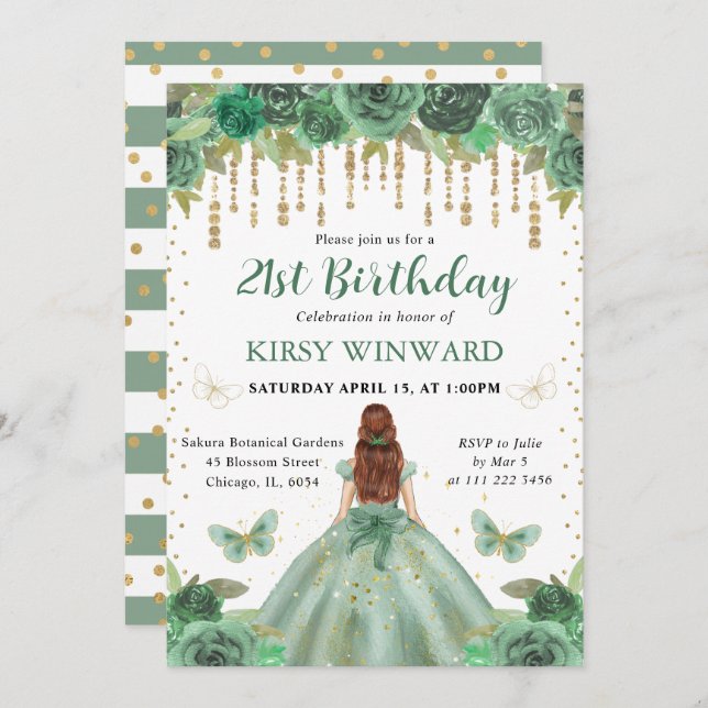 Invitation Robe verte Red Haired Princesse Anniversaire (Devant / Derrière)