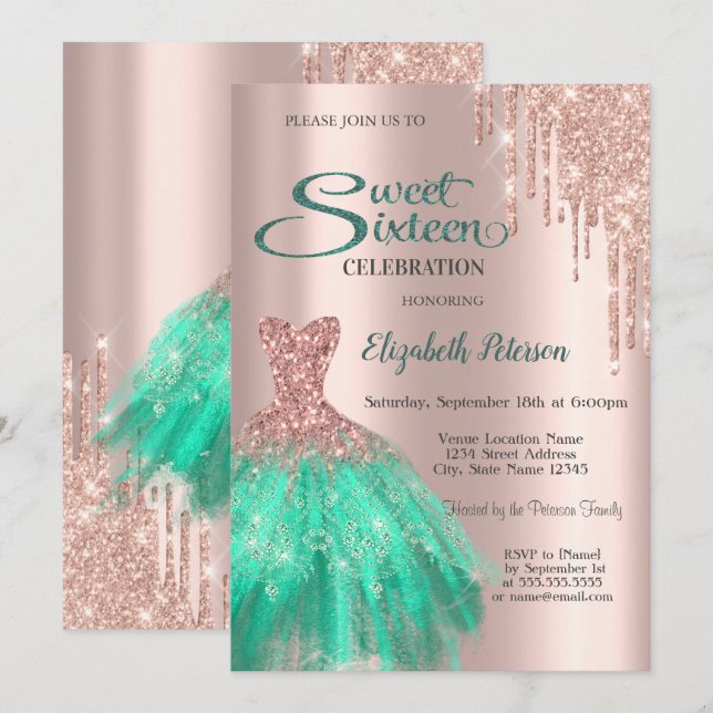 Invitation Robe verte rose or Sweet 16 (Devant / Derrière)