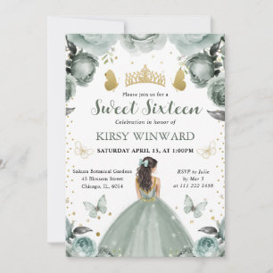 Invitation Robe verte Sage Brunette Princesse Sweet 16