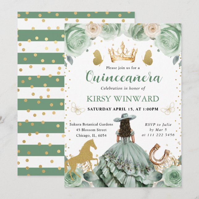 Invitation Robe verte Sage Princesse Occidentale Quinceanera (Devant / Derrière)