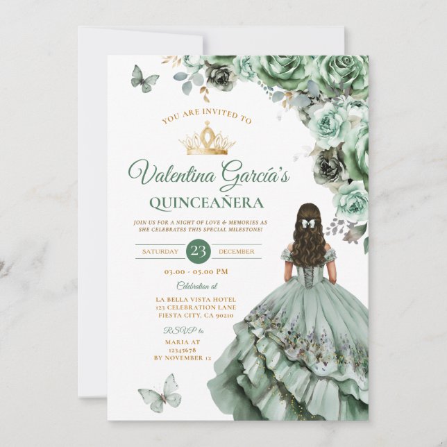 Invitation Robe Verte Sage Quinceañera 15 Anos Fleurs Or (Devant)