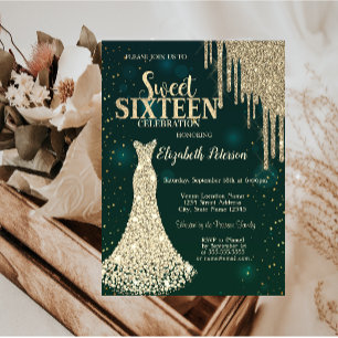 Invitation Robe verte Sweet 16 pailletée or, gouttes de pail