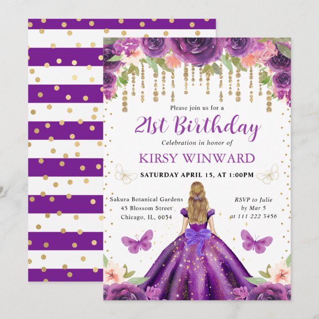 Invitation Robe violette Blonde Haired Princesse Anniversaire (Devant / Derrière)