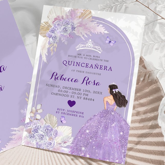 Invitation Robe violette Boho Princesse Floral Quinceañera (Créateur téléchargé)