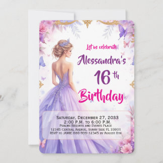 Invitation Robe violette florale élégante 16e anniversaire mo