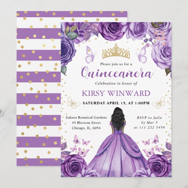 Invitation Robe violette Peau foncée princesse Quinceanera (Devant / Derrière)
