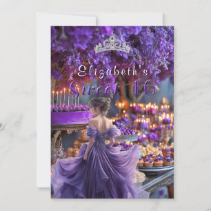 Invitation Robe violette pour Sweet Sixteen Fleurs Gâteau