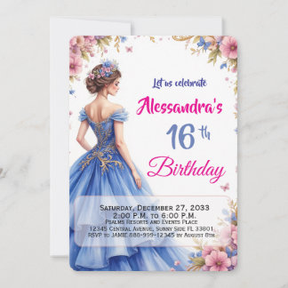 Invitation Robes bleues florales élégantes 16e anniversaire m