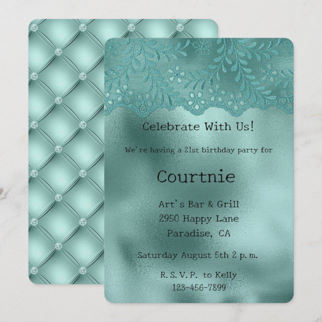 Invitation Robin Oeuf Dentelle verte et diamants Anniversaire (Devant / Derrière)