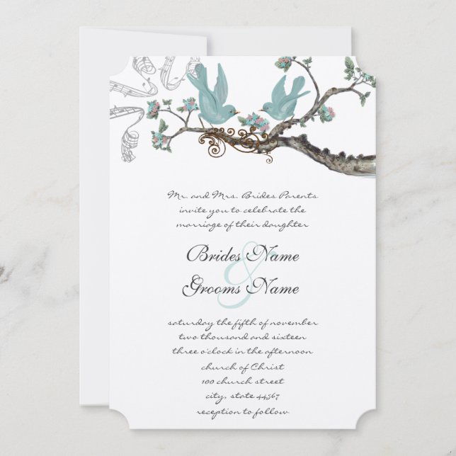 Invitation Robins vintage Mariage bleu oeuf (Devant)