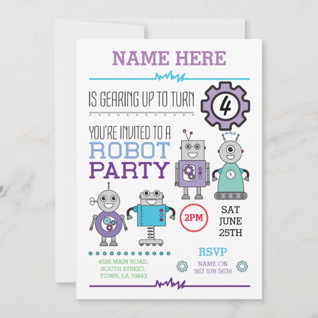 Invitation ROBOT Anniversaire Fête Blue Gears Cogs Robots Inv (Devant)