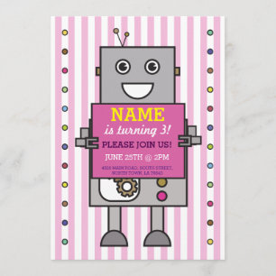 Invitation ROBOT Anniversaire Fête Pink Stripe Girls Invitati