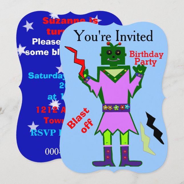 Invitation Robot Girl Blast Off et Stars Anniversaire (Devant / Derrière)