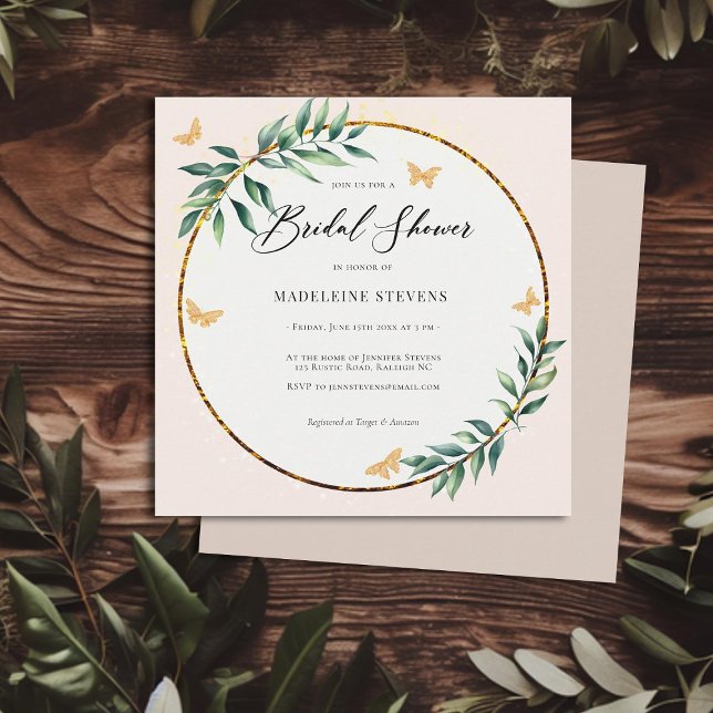 Invitation Robuste Botanique Rustique Papillons Gold Bridal (rustic simple botanical foliage butterflies bridal shower invitation elegant country barn simple)