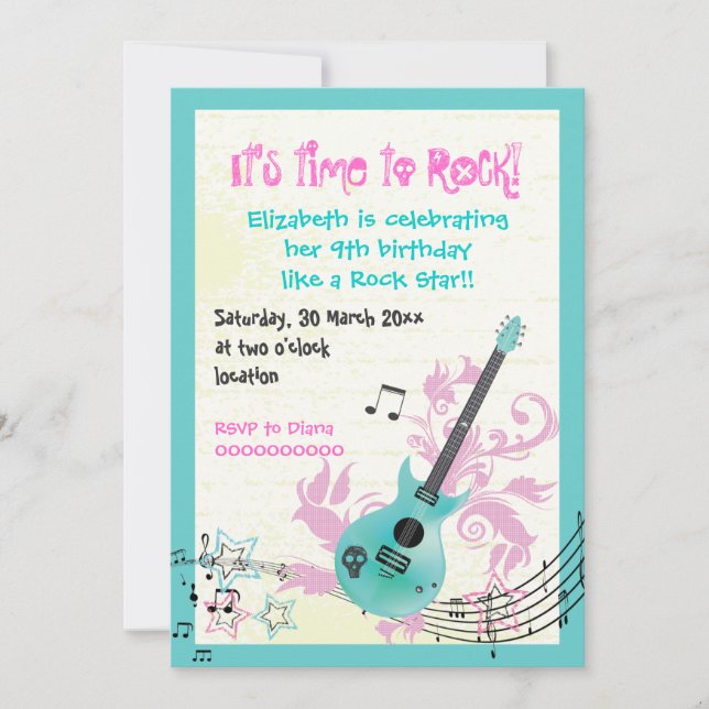Invitation Rocher star girly électrique guitare anniversaire (Devant)