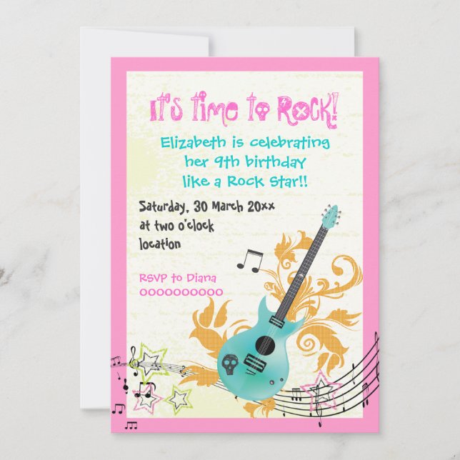 Invitation Rocher star girly guitare électrique filles annive (Devant)