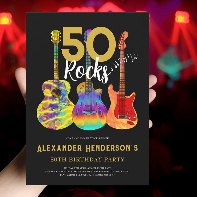 Invitation Rock and Roll 50e fête d'anniversaire (50 Rocks birthday party invitation funky psychedelic guitar cool gold and black rockstar theme)