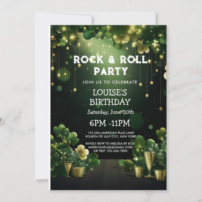Invitation Rock and Roll St Patrick Party trèfle et or (Devant)