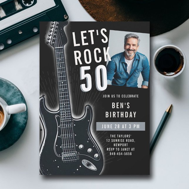 Invitation Rock Electric Guitar Men 50th Birthday Photo (music fest rock 50th birthday party photo invitation men modern classy fun black white guitar)