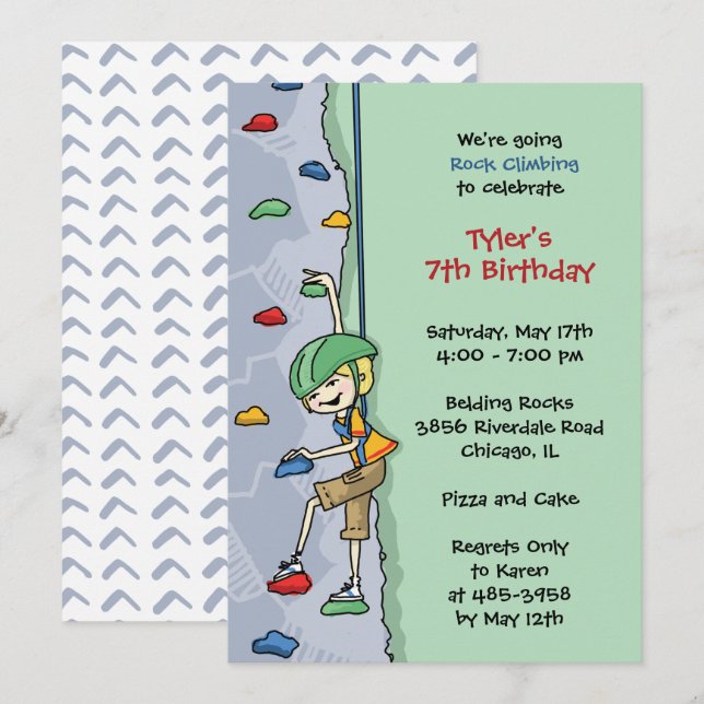 Invitation Rock Escalade Boy Blonde cheveux Anniversaire Fête (Devant / Derrière)