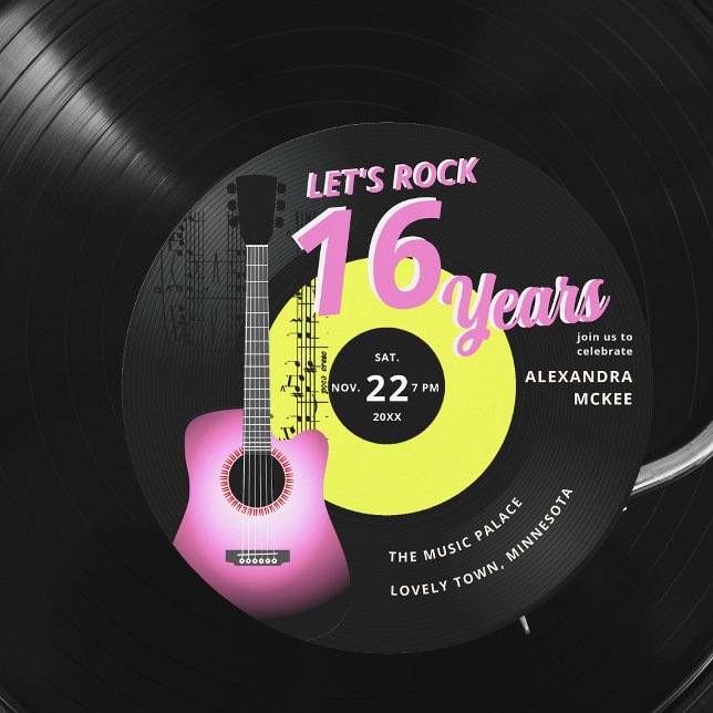 Invitation Rock Hot Pink Yellow Guitar Music Sweet 16 (sweet 16 rock music vintage record neon pink yellow girls invitation guitar musician partition notes)