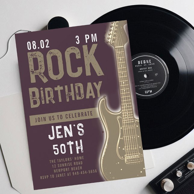 Invitation Rock Music Musicien Guitare Adulte Grunge Annivers (music musician rock adult birthday party invitation women modern purple gold electric guitar modern)