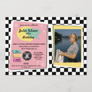 Invitation Rock N Roll 1950 Anniversaire Pink Retro Invitatio