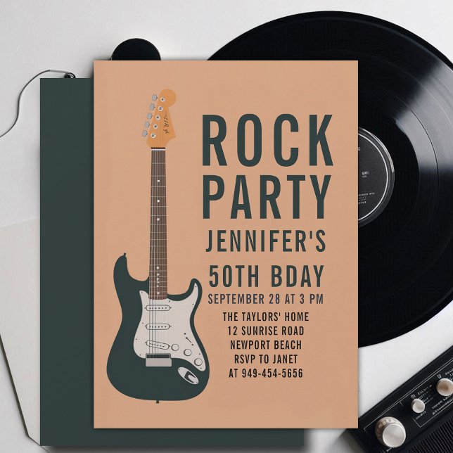 Invitation Rock Party Guitare Peach Adulte Moderne Amusement  (music musician rock adult birthday party invitation women modern fun black electric guitar peach)
