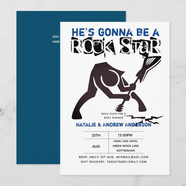Invitation ROCK STAR GARYS Baby shower Blue Black Break Guita (Devant / Derrière)