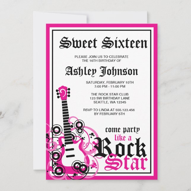 Invitation Rock Star Guitar Sweet 16 Anniversaire Fête Rose (Devant)