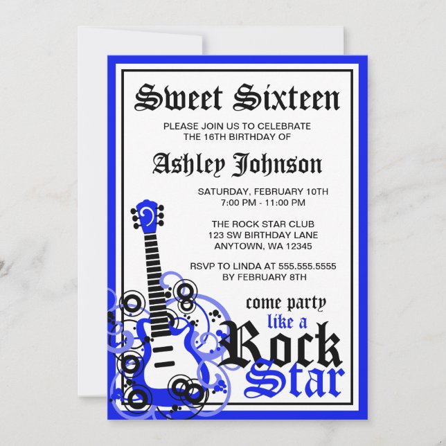 Invitation Rock Star Guitar Sweet 16 Anniversaire Party Blue (Devant)